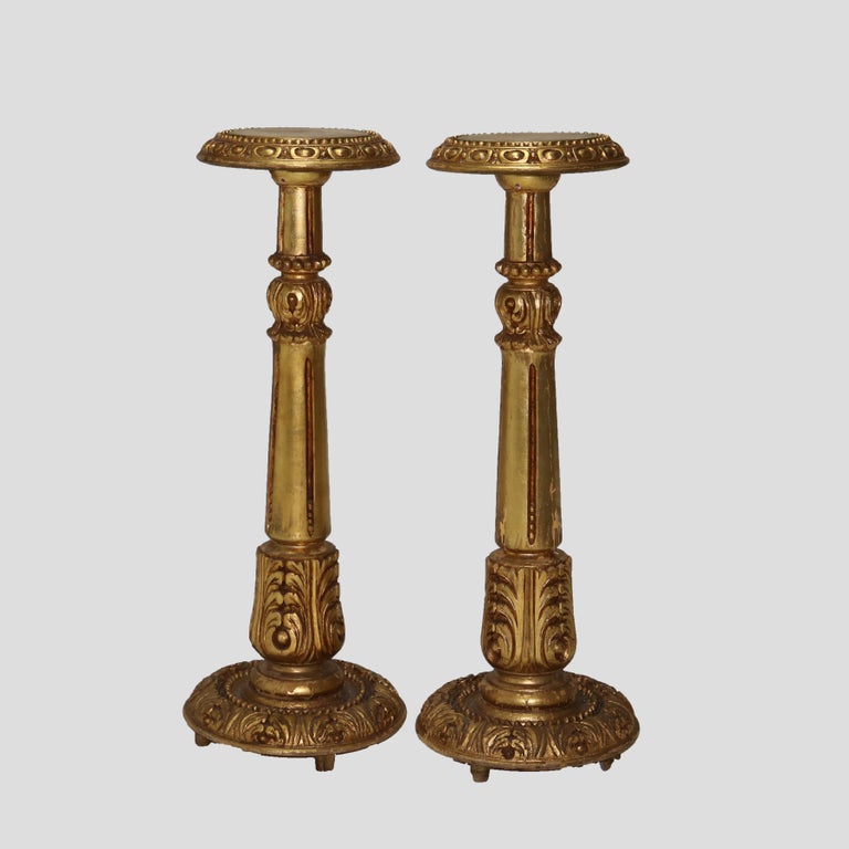Pair Antique Neoclassical Giltwood Sculpture Display Stands with Acanthus C1930