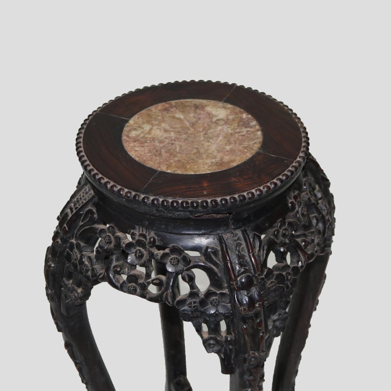 Antique Chinese Foliate Carved Hardwood Marble Top Stand C1920