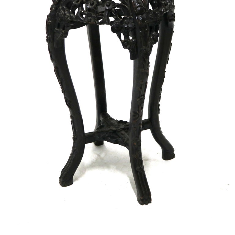 Antique Chinese Foliate Carved Hardwood Marble Top Stand C1920
