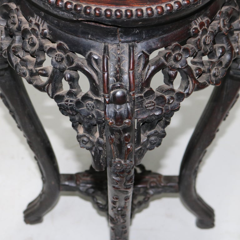 Antique Chinese Foliate Carved Hardwood Marble Top Stand C1920