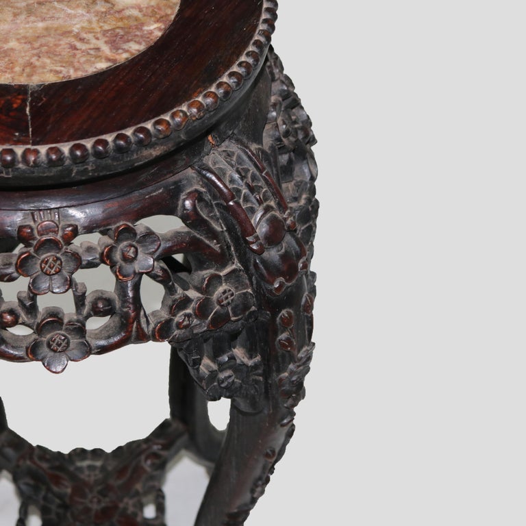 Antique Chinese Foliate Carved Hardwood Marble Top Stand C1920