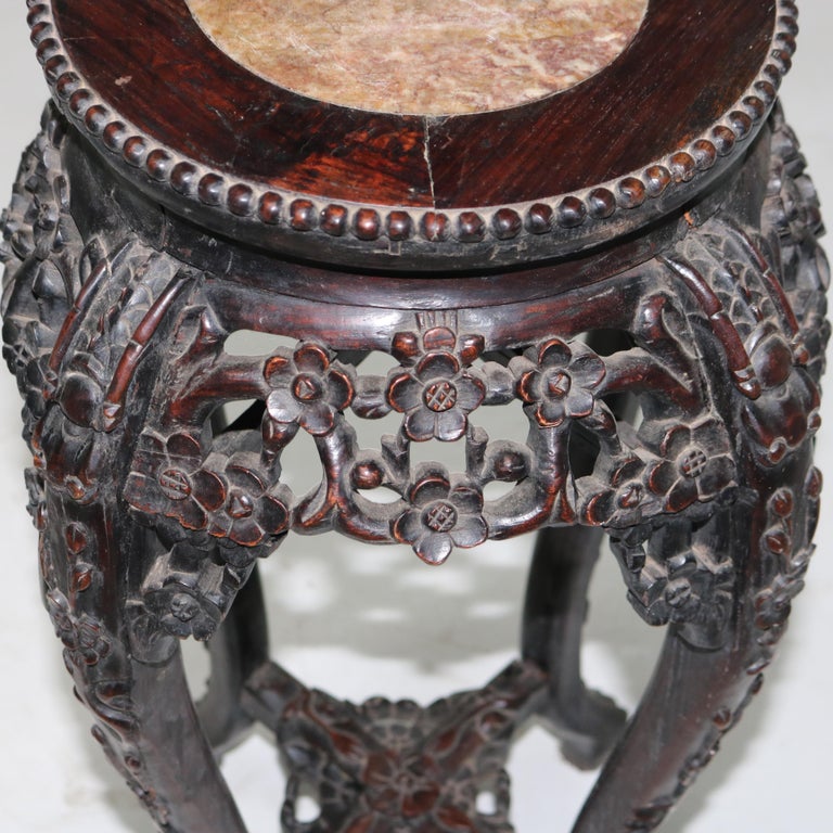 Antique Chinese Foliate Carved Hardwood Marble Top Stand C1920