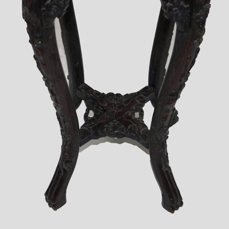 Antique Chinese Foliate Carved Hardwood Marble Top Stand C1920