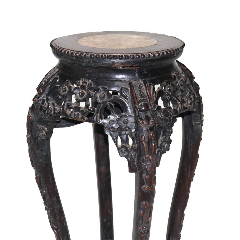 Antique Chinese Foliate Carved Hardwood Marble Top Stand C1920