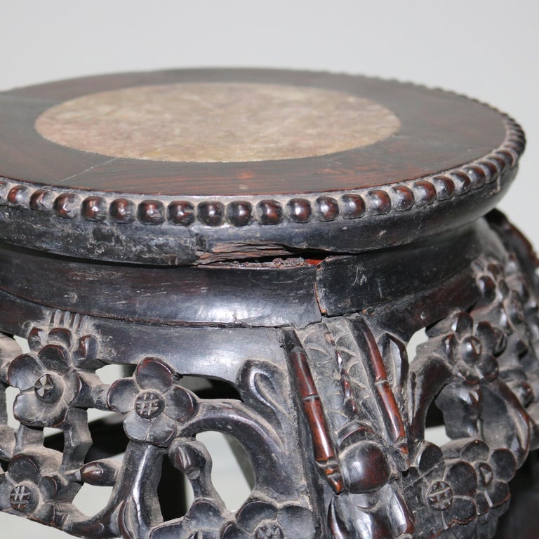 Antique Chinese Foliate Carved Hardwood Marble Top Stand C1920