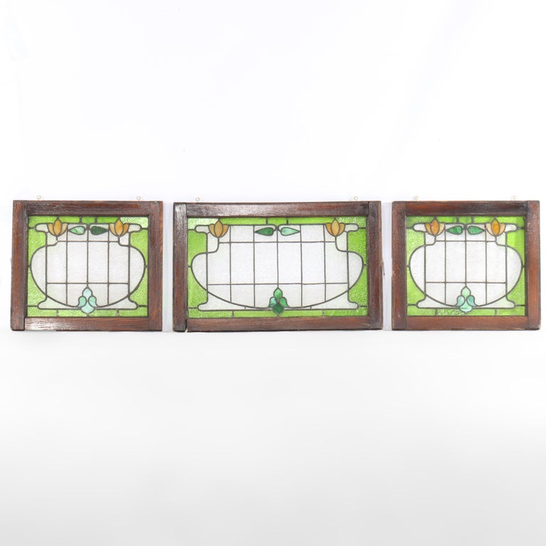 Set of Three Antique Stylized Arts & Crafts Stained Glass Windows C1910