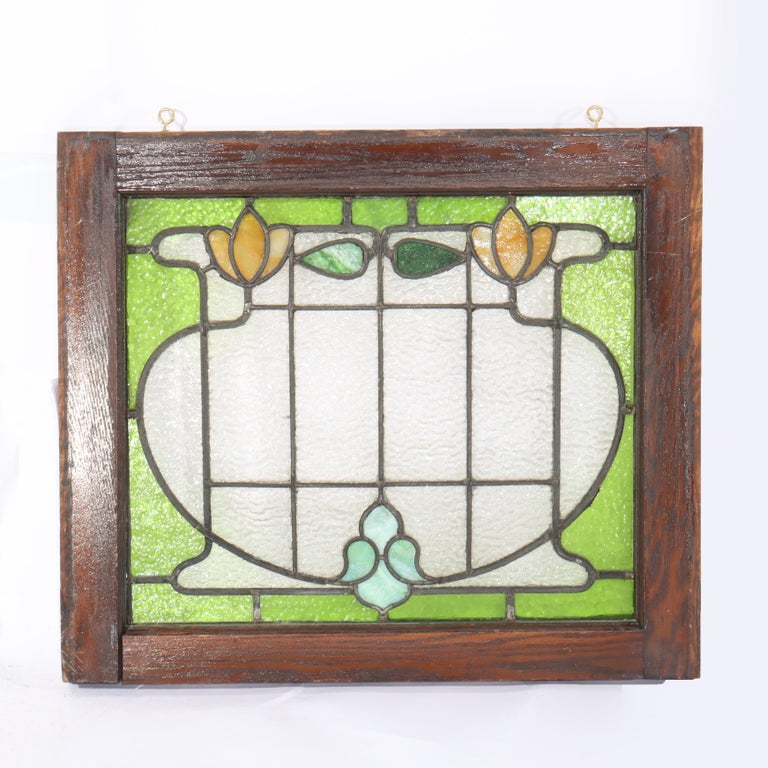 Set of Three Antique Stylized Arts & Crafts Stained Glass Windows C1910