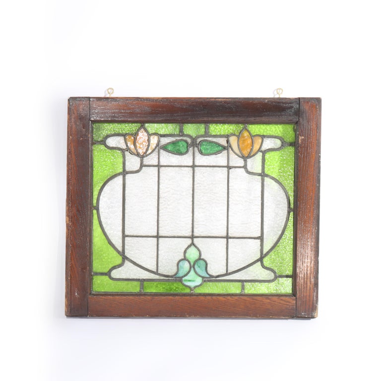 Set of Three Antique Stylized Arts & Crafts Stained Glass Windows C1910
