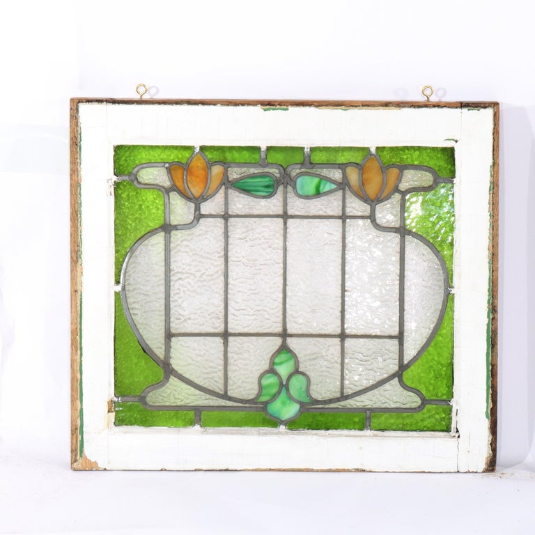 Set of Three Antique Stylized Arts & Crafts Stained Glass Windows C1910