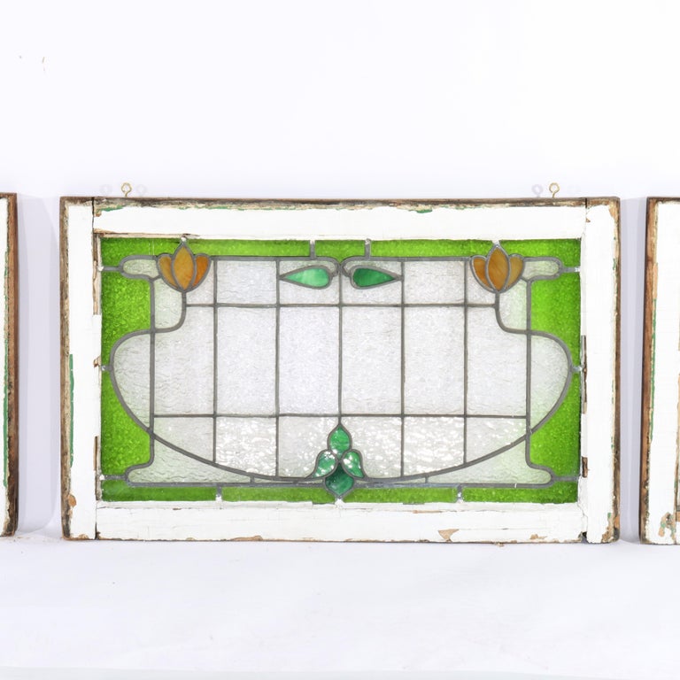 Set of Three Antique Stylized Arts & Crafts Stained Glass Windows C1910
