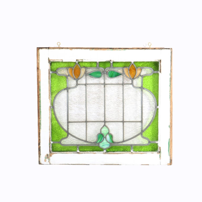 Set of Three Antique Stylized Arts & Crafts Stained Glass Windows C1910