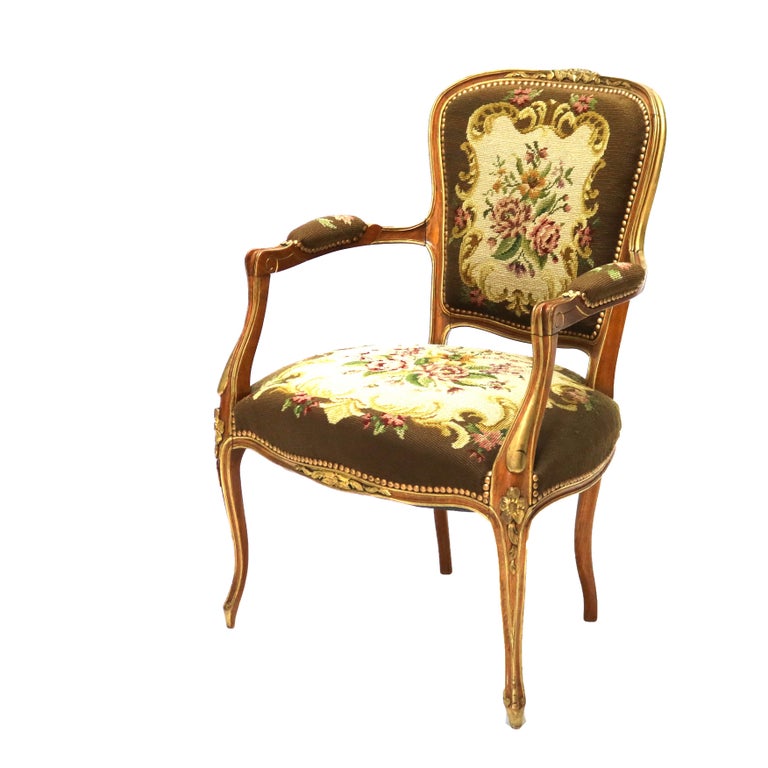 Antique French Louis XIV Style Parcel Gilt Walnut & Floral Tapestry Chair C1920