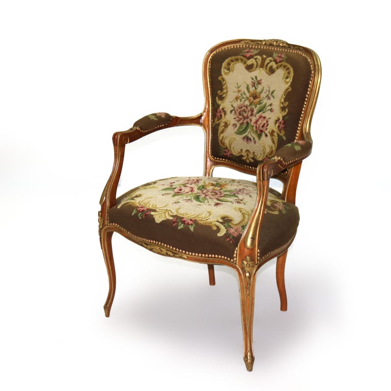 Antique French Louis XIV Style Parcel Gilt Walnut & Floral Tapestry Chair C1920