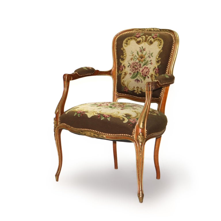 Antique French Louis XIV Style Parcel Gilt Walnut & Floral Tapestry Chair C1920