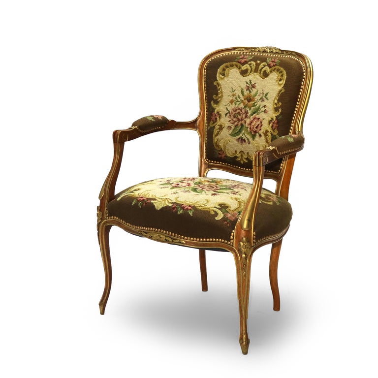 Antique French Louis XIV Style Parcel Gilt Walnut & Floral Tapestry Chair C1920