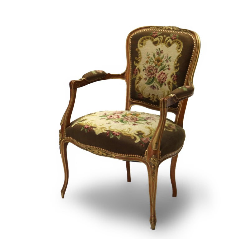 Antique French Louis XIV Style Parcel Gilt Walnut & Floral Tapestry Chair C1920