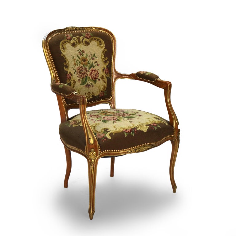 Antique French Louis XIV Style Parcel Gilt Walnut & Floral Tapestry Chair C1920