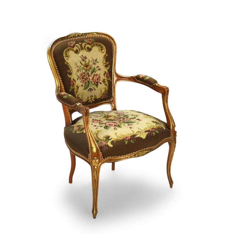 Antique French Louis XIV Style Parcel Gilt Walnut & Floral Tapestry Chair C1920