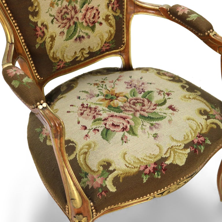 Antique French Louis XIV Style Parcel Gilt Walnut & Floral Tapestry Chair C1920