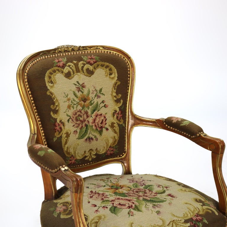 Antique French Louis XIV Style Parcel Gilt Walnut & Floral Tapestry Chair C1920