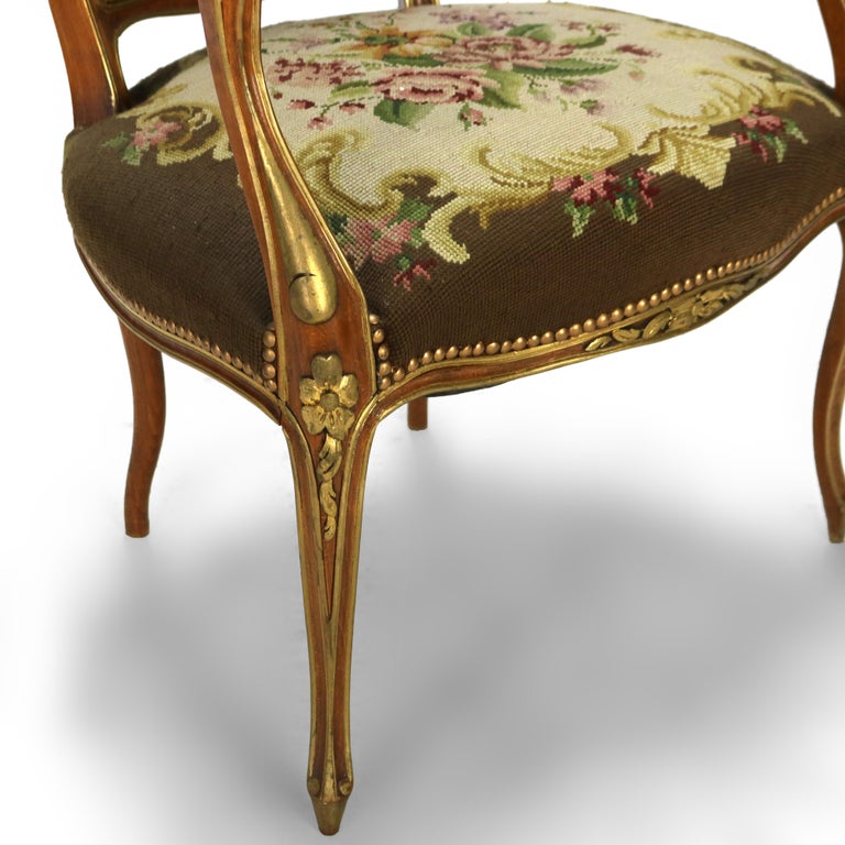 Antique French Louis XIV Style Parcel Gilt Walnut & Floral Tapestry Chair C1920