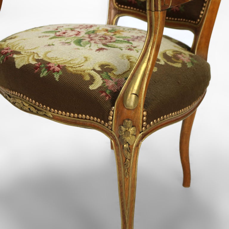 Antique French Louis XIV Style Parcel Gilt Walnut & Floral Tapestry Chair C1920