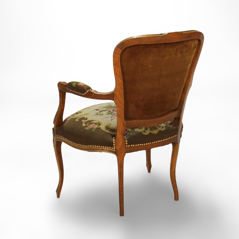 Antique French Louis XIV Style Parcel Gilt Walnut & Floral Tapestry Chair C1920