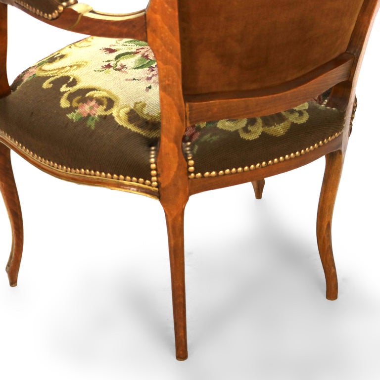 Antique French Louis XIV Style Parcel Gilt Walnut & Floral Tapestry Chair C1920