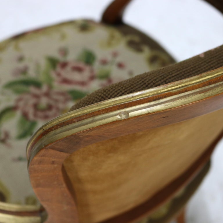 Antique French Louis XIV Style Parcel Gilt Walnut & Floral Tapestry Chair C1920