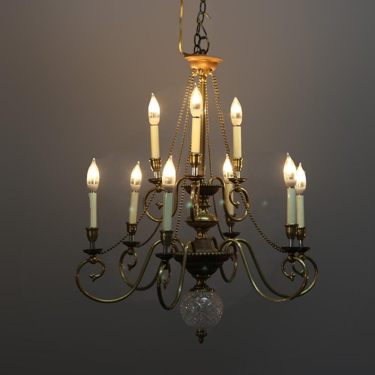 Vintage French Nine-Light Tiered Brass and Crystal Chandelier, 20th Century