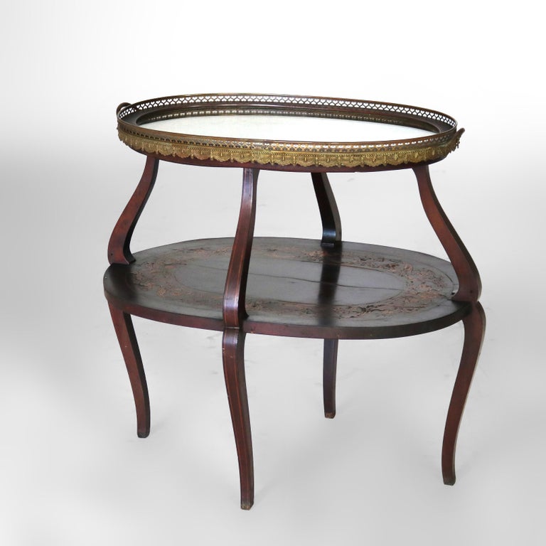 Antique Mahogany Tiered Tea Table with Satinwood Floral Marquetry C1920