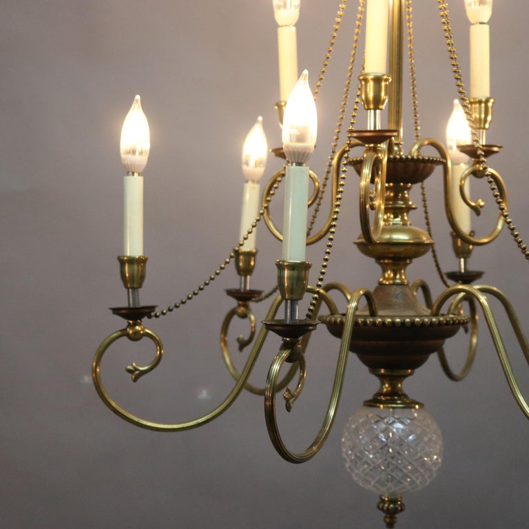 Vintage French Nine-Light Tiered Brass and Crystal Chandelier, 20th Century
