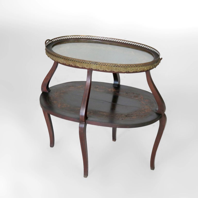 Antique Mahogany Tiered Tea Table with Satinwood Floral Marquetry C1920