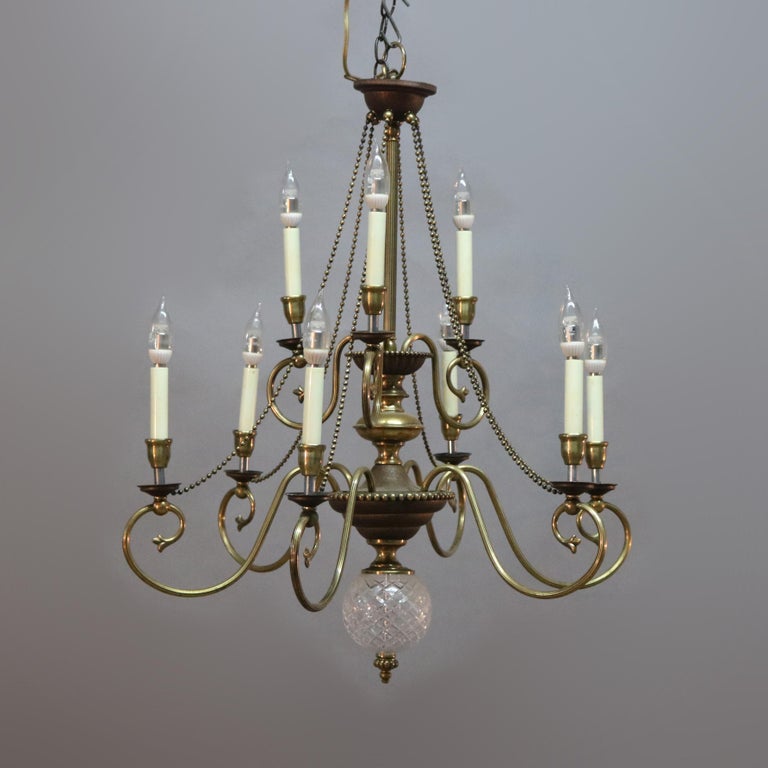 Vintage French Nine-Light Tiered Brass and Crystal Chandelier, 20th Century