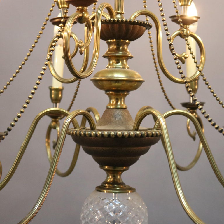 Vintage French Nine-Light Tiered Brass and Crystal Chandelier, 20th Century