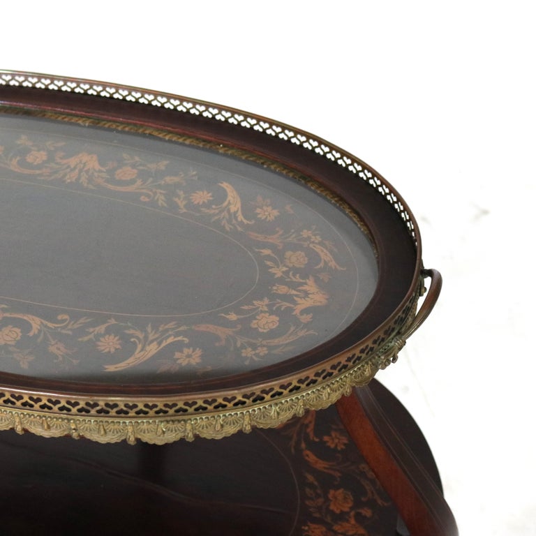 Antique Mahogany Tiered Tea Table with Satinwood Floral Marquetry C1920