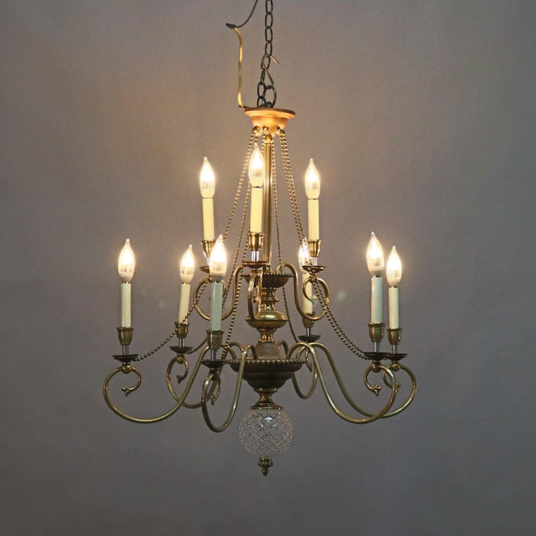 Vintage French Nine-Light Tiered Brass and Crystal Chandelier, 20th Century