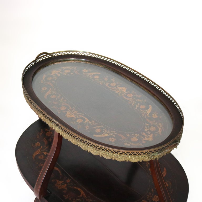 Antique Mahogany Tiered Tea Table with Satinwood Floral Marquetry C1920