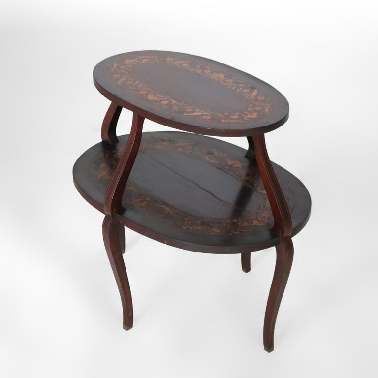 Antique Mahogany Tiered Tea Table with Satinwood Floral Marquetry C1920