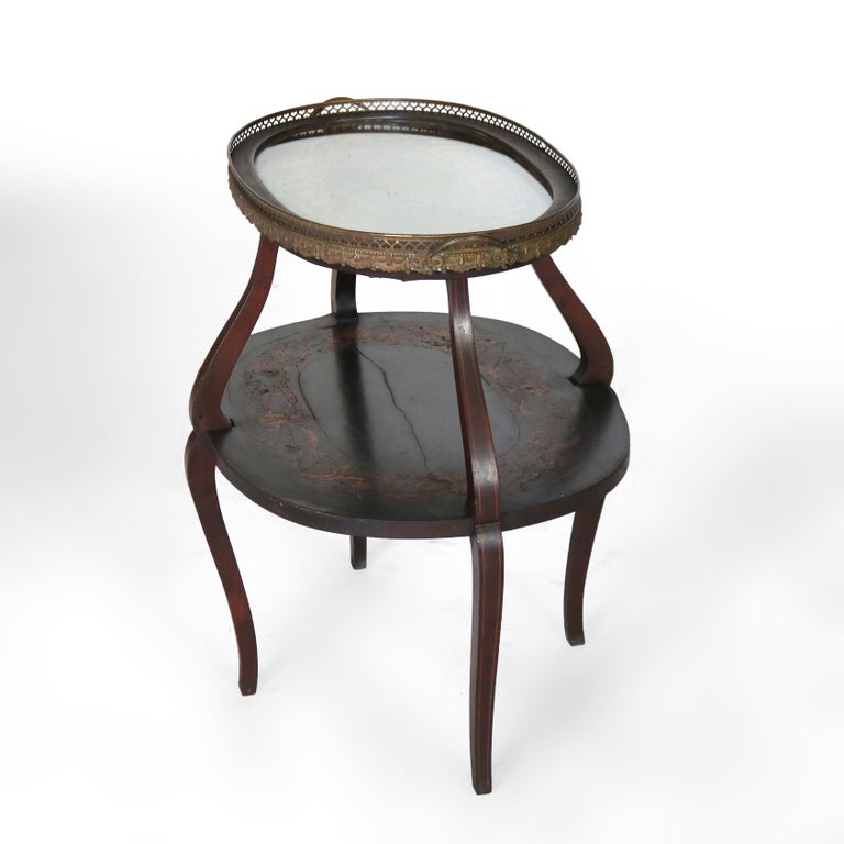 Antique Mahogany Tiered Tea Table with Satinwood Floral Marquetry C1920