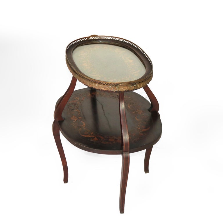 Antique Mahogany Tiered Tea Table with Satinwood Floral Marquetry C1920