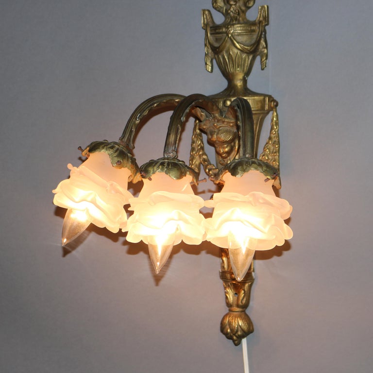 Antique Gilt Bronze Figural Three-Light Wall Sconce with Persian Mask C1920