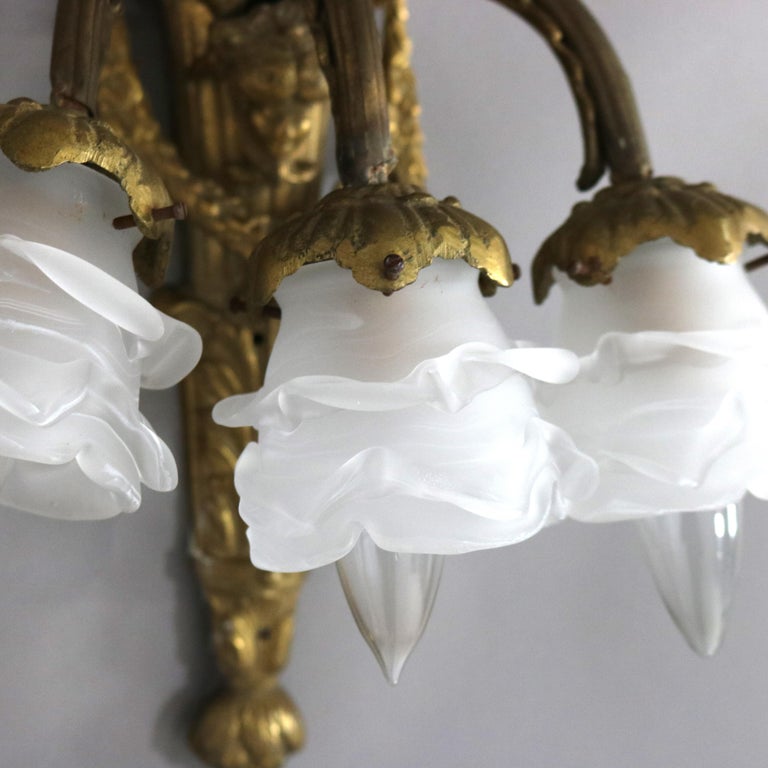 Antique Gilt Bronze Figural Three-Light Wall Sconce with Persian Mask C1920