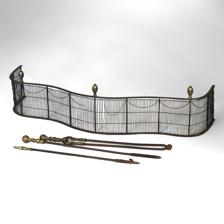Antique Federal Brass & Wire Fireplace Fender & Three Piece Tool Set C1810