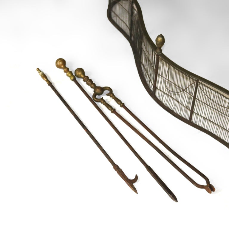 Antique Federal Brass & Wire Fireplace Fender & Three Piece Tool Set C1810