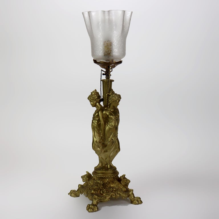 Antique Classical Three Graces Figural Gilt Table Lamp C1890