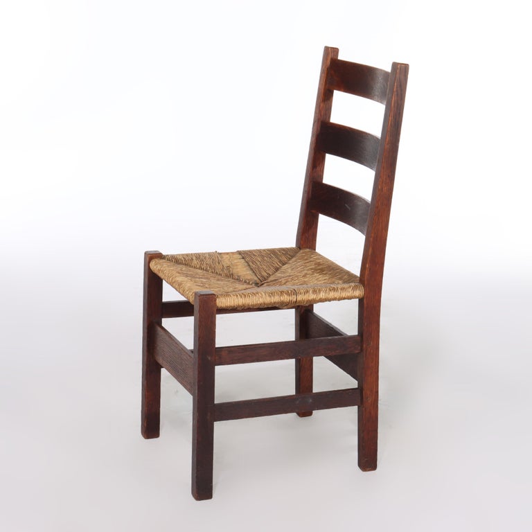 Antique Arts & Crafts Stickley Slat Back Oak Chair with Rush Seat Unsigned C1910