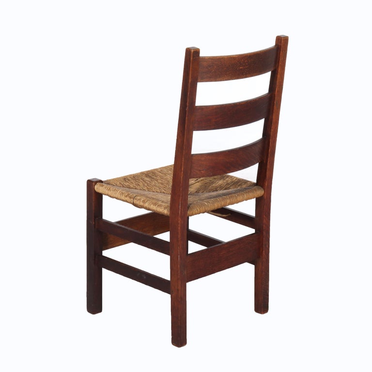 Antique Arts & Crafts Stickley Slat Back Oak Chair with Rush Seat Unsigned C1910