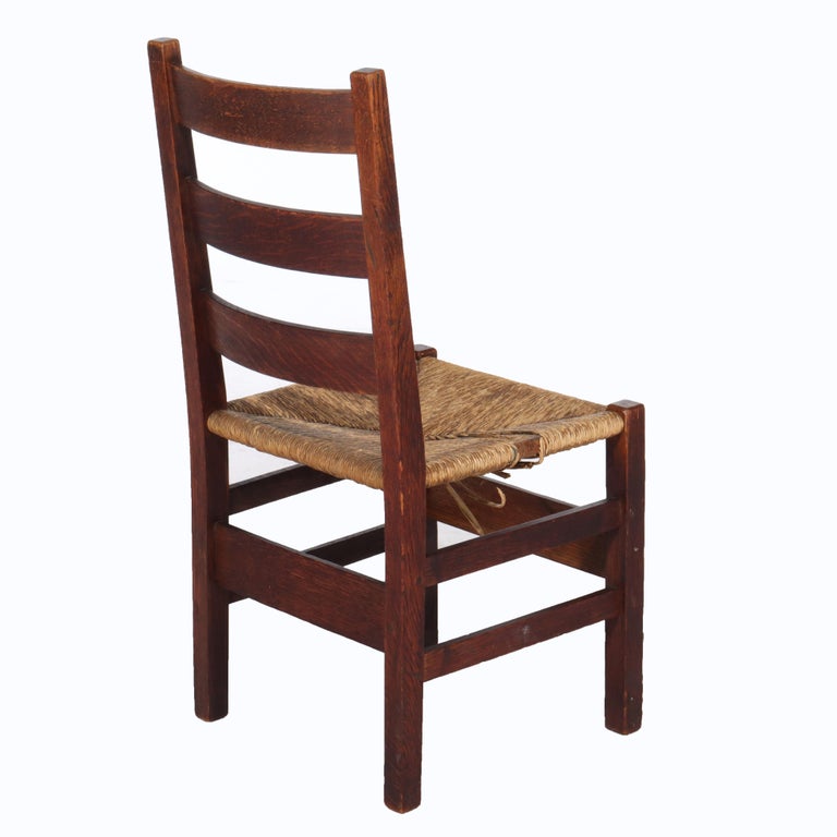 Antique Arts & Crafts Stickley Slat Back Oak Chair with Rush Seat Unsigned C1910