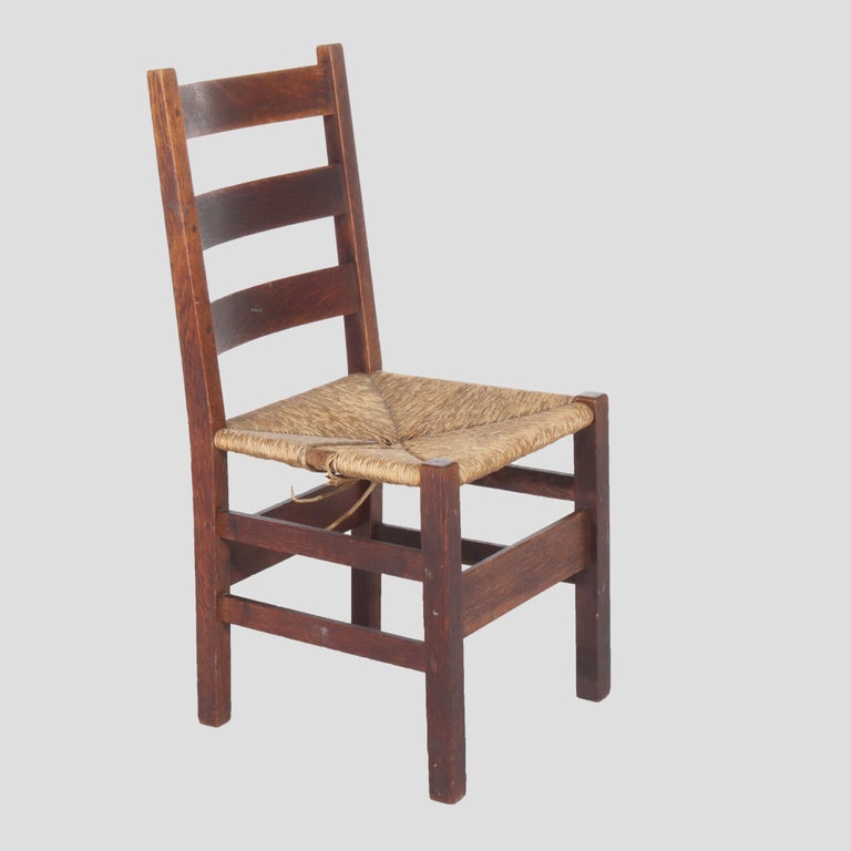 Antique Arts & Crafts Stickley Slat Back Oak Chair with Rush Seat Unsigned C1910